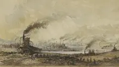 Untitled by Samuel Bough, An industrial riverside town watercolour heightened with white 14.5 x 24cm, sold May 2025