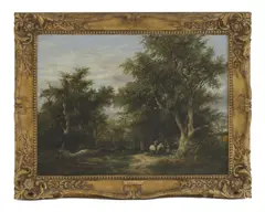 James Stark, Untitled, Figures in a woodland clearing oil on canvas 46 x 61cm