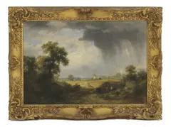James Stark, Untitled, a windmill beyond oil on canvas 40.5 x 58.5cm