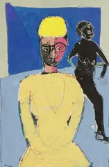 John Kiki, Untitled, Two figures on blue mixed media on canvas 112 x 73cm
