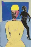 John Kiki, Untitled, Two figures on blue mixed media on canvas 112 x 73cm