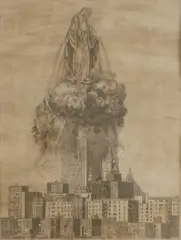 Wolfe von Lenkiewicz, Untitled, Madonna rising above a city pencil and watercolour 63 x 46cm