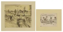 Untitled by John Aldridge, together with: Cottage and garden pen and ink with artist's studio stamp l.l. 15 x 18cm, sold Mar 2025