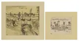 John Aldridge, Untitled, together with: Cottage and garden pen and ink with artist's studio stamp l.l. 15 x 18cm