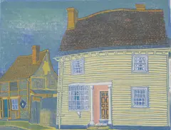 Untitled by Sheila Robinson, 'Two Houses in Thaxted' linocut in colours, sold Mar 2025