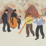 Raimund Wörle, Untitled, 'Sonntags Morgen' linocut in colours