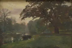Herbert Arnould Olivier, Untitled, A wooded landscape with geese by a lake oil on canvas 61 x 91cm
