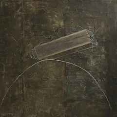 Untitled by Kyriakos Mortarakos, mixed media and collage on canvas with light fitting 140 x 140cm, sold Mar 2025