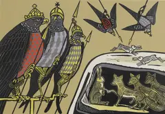 Untitled by Edward Bawden, Foxes and Eagles' (MG 092) linocut in colours, sold Apr 2025