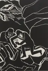 Untitled by Edward Bawden, 'We made our way down the precipitous slope and approached the body' (MG 184) linocut, sold Apr 2025