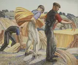 Averil Burleigh, Untitled, 'Harvesters' oil on canvas laid on board 48 x 58cm Provenance: With Simon Carter Gallery