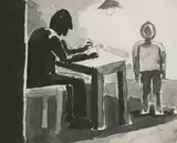 Josef Herman, Untitled, Teacher with student pen and ink and wash 19 x 24.5cm