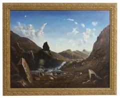 Dag Hol, Untitled, A mountainous view with cottages and a waterfall oil on canvas 120 x 150cm