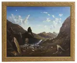 Dag Hol, Untitled, A mountainous view with cottages and a waterfall oil on canvas 120 x 150cm