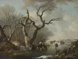 Andries Vermeulen, Untitled, Figures skating on a frozen river oil on panel 34 x 43cm Provenance: With P Polak