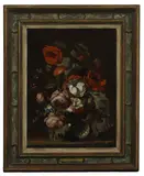 Simon Pietersz Verelst, Untitled, chrysanthemums and other flowers in a glass vase oil on canvas 40.5 x 33cm