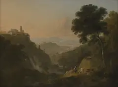 Julius Caesar Ibbetson, Untitled, a hilltop town above a waterfall beyond oil on canvas 46 x 61cm
