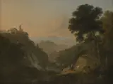 Julius Caesar Ibbetson, Untitled, a hilltop town above a waterfall beyond oil on canvas 46 x 61cm