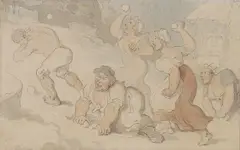 Untitled by Thomas Rowlandson, A snowball fight pen and ink and watercolour 12.5 x 19.5cm, sold Nov 2024