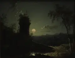 Sebastian Pether, Untitled, A moonlit landscape with figures by a ruined tower oil on canvas 20.5 x 26cm