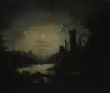 Sebastian Pether, Untitled, A river landscape by moonlight with a ruined abbey oil on canvas 50 x 60cm