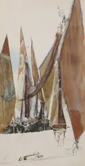 Herbert Arnould Olivier, Untitled, Venetian fishing boats brown ink and watercolour 61 x 30.5cm