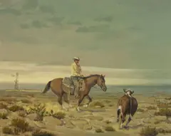 Cowboy and steer by Melvin Warren, 1965, oil on canvas, sold Aug 2021