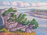 Birger Sandzén, Riverbank with Cedars, Rocheport, MO, 1928, oil on canvas