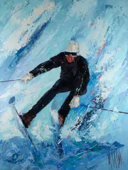 Skier by Mark King, oil on canvas, sold Aug 2021