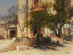 Richard Murray, Church at San Miguel, oil on Masonite
