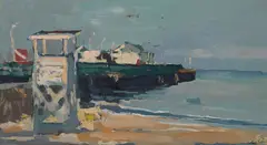 Wharf - Monterey by Si Chen Yuan, oil on Masonite, sold Apr 2021