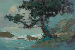 Cypress along the Carmel Coast by Si Chen Yuan, oil on board, sold Apr 2021