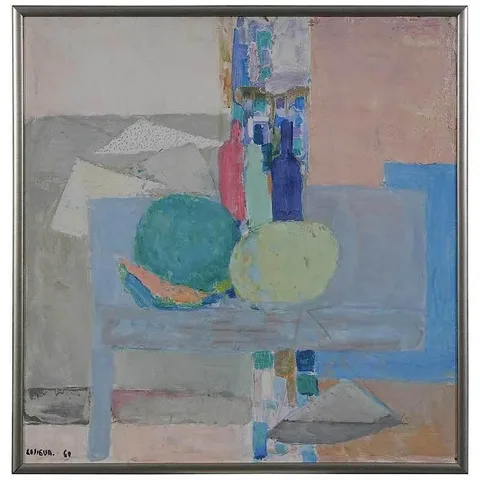 Pierre Le Sueur, Abstract Still life with Melons and Bottles, 1960, oil on canvas