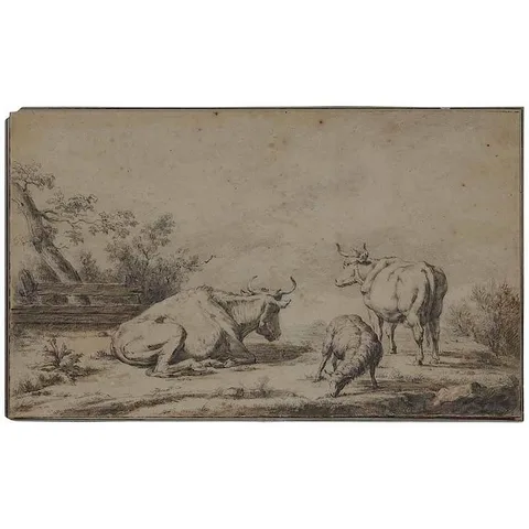 Adriaen van de Velde, Pastoral Landscape with Cows and Sheep, brown ink wash and charcoal on buff laid paper