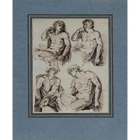 Jan de Bisschop, Nude Studies after Annibale Carracci, ink on laid paper with "Beys Wolfgang" watermark