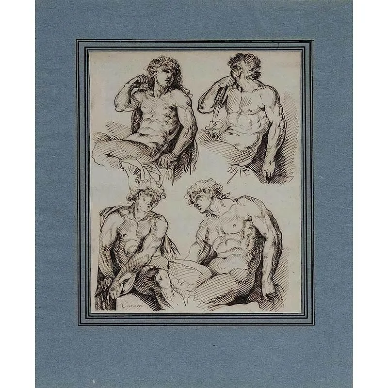 Nude Studies after Annibale Carracci by Jan de Bisschop, ink on laid paper with "Beys Wolfgang" watermark, sold Sep 2017