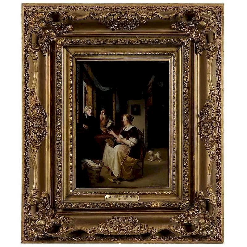 The Lace Maker's Dinner by Alexis van Hamme, oil on canvas, sold Sep 2017