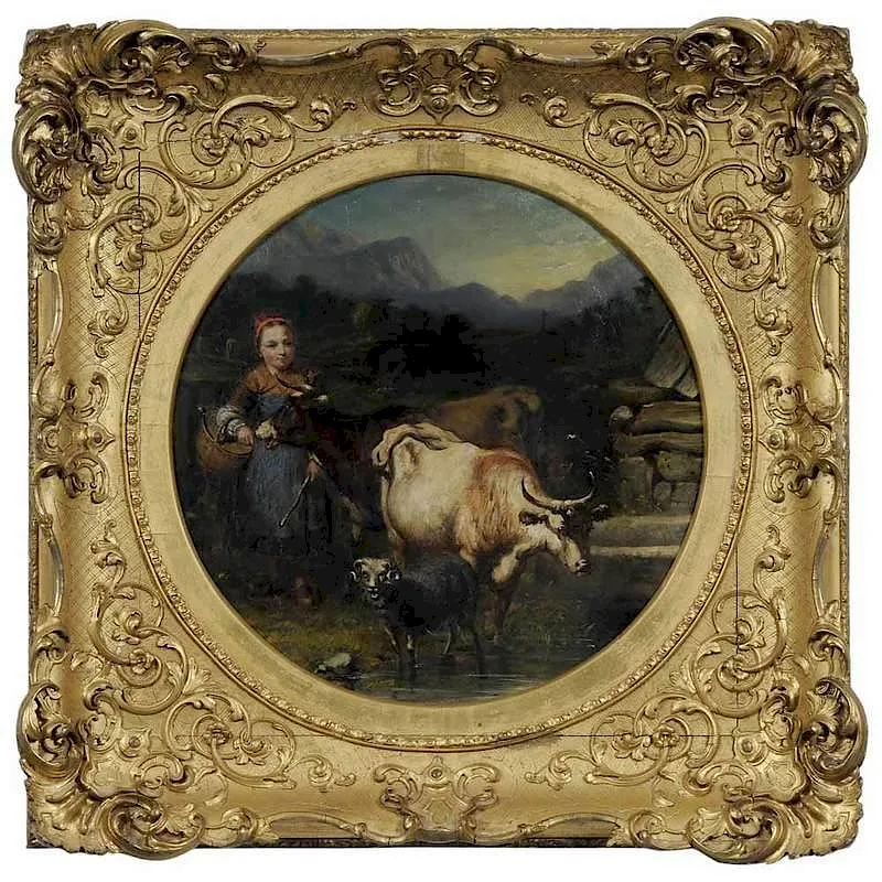 John M. Michie, Pastoral Scene with Two Cows, oil on canvas