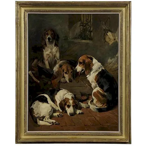 John Emms, After the Chase, beagles in a kennel, oil on canvas