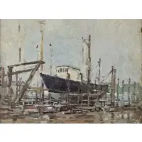 Paul Cornoyer, A Fishing Boat in Dry Dock, Oil on artist's board