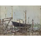 Paul Cornoyer, A Fishing Boat in Dry Dock, Oil on artist's board