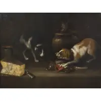 Alexandro Loarte, A Dog and Cat Fighting for Food, Oil on canvas