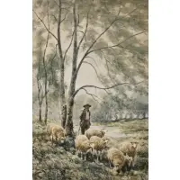 William R. Derrick, A Shepherd and his Flock, Watercolor