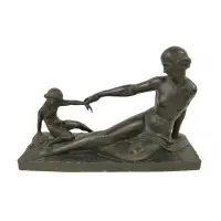 Marcel Bouraine, Nymph and child, Large bronze sculpture signed and with nice original brown patina