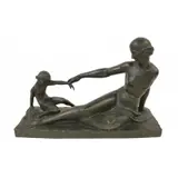 Marcel Bouraine, Nymph and child, Large bronze sculpture signed and with nice original brown patina