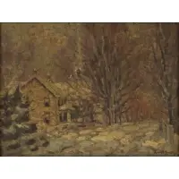 John W. Bentley, A House Along a Snowy Road, Oil on board