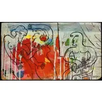 Alexander Kaletski, Man in a Chair with Two Dancing Women, Oil on found wood