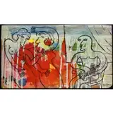 Alexander Kaletski, Man in a Chair with Two Dancing Women, Oil on found wood