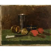 Ferdinand Roybet, Still Life Including a Silver Beaker, Knife, and Red Pompom Slippers, Oil on panel