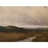 Paul R. Koehler, A Marshy Meadow Landscape with Cows, Pastel and gouache